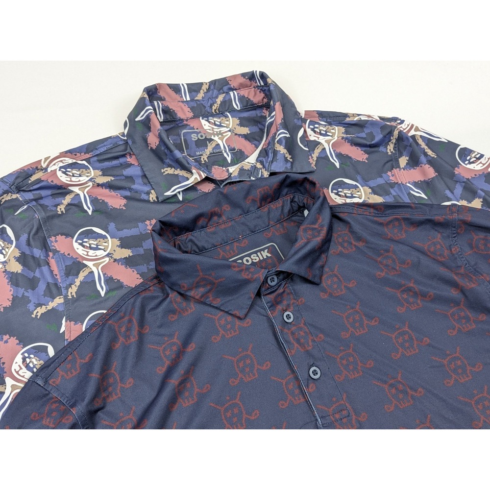 Sosik Performance Golf Shirt Mens LG Lot 2 Polo Skull Ball Tee AOP Stretch